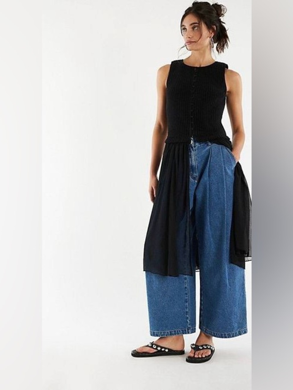 Free People Black Ribbed Button Front Sheer Tiered Midi Dress Size L Boho